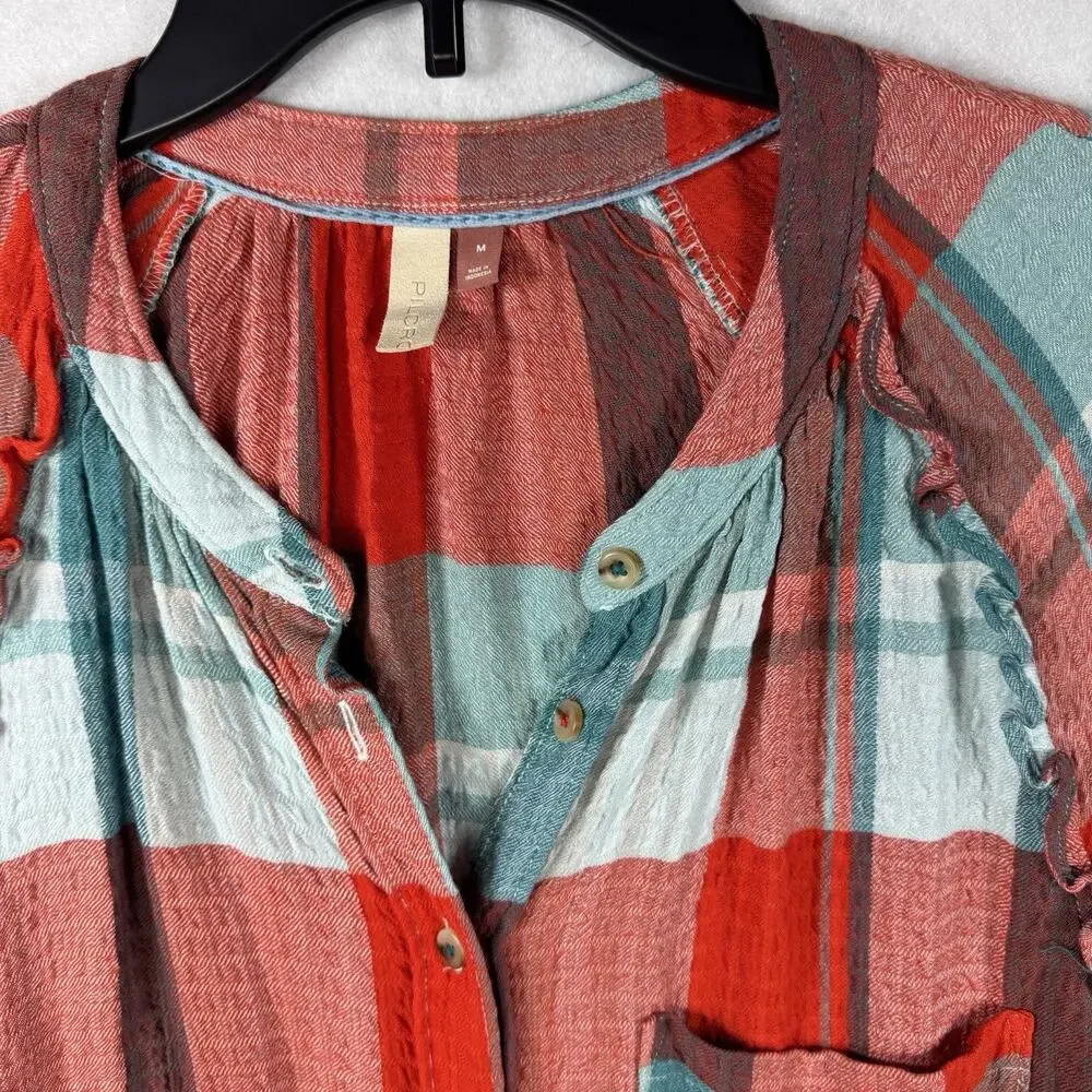 Anthropologie Pilcro Breezy Button down Plaid Blouse Women Medium Red Oversized - Picture 7 of 13
